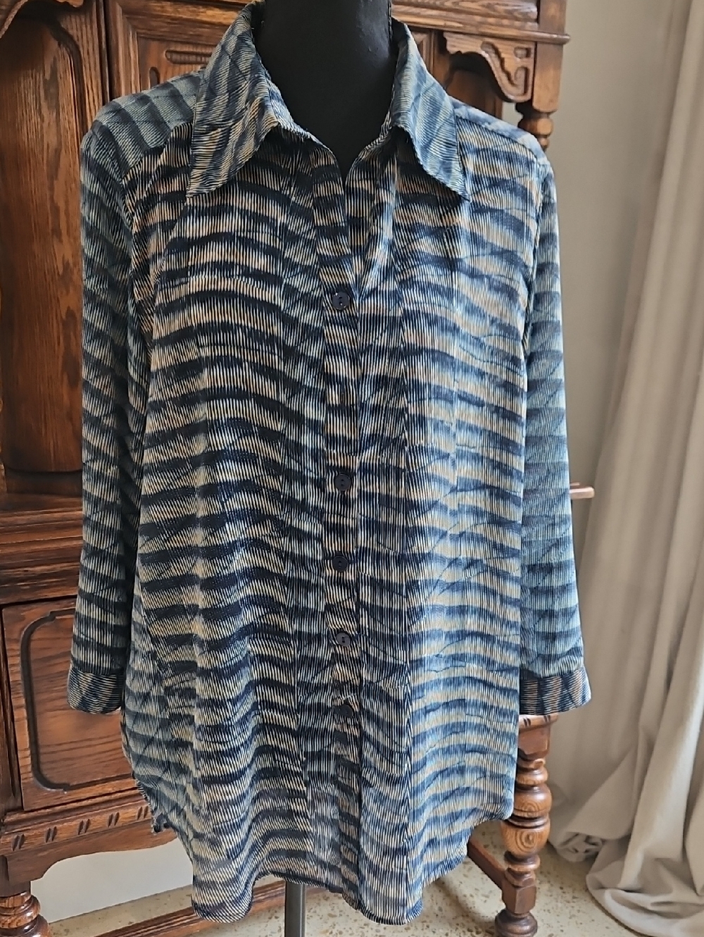 Clara Sun Woo Blue and Cream Striped Pattern Top. Size M
